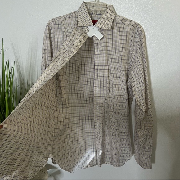 ISAIA Tan & Purple Plaid Cotton Dress Shirt 15.5 - Picture 6 of 9